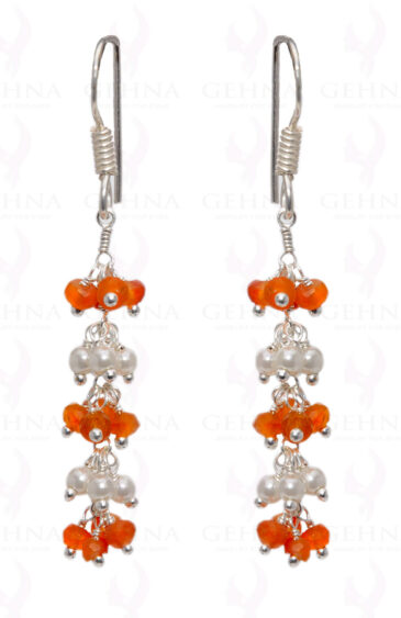 Pearl & Carnelian Gemstone Faceted Bead Earring In .925 Sterling Silver ES-1656