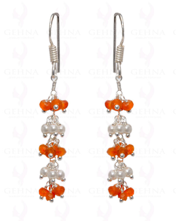 Pearl & Carnelian Gemstone Faceted Bead Earring In .925 Sterling Silver ES-1656