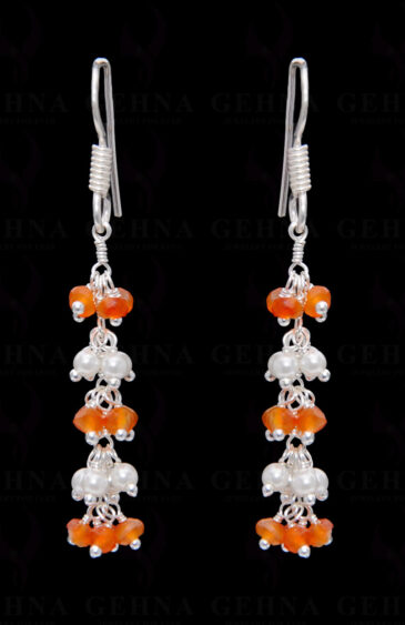 Pearl & Carnelian Gemstone Faceted Bead Earring In .925 Sterling Silver ES-1656