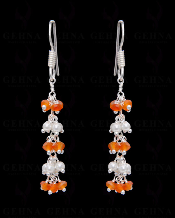 Pearl & Carnelian Gemstone Faceted Bead Earring In .925 Sterling Silver ES-1656