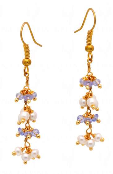 Pearl & Sapphire Gemstone Faceted Bead Earrings In.925 Sterling Silver ES-1661