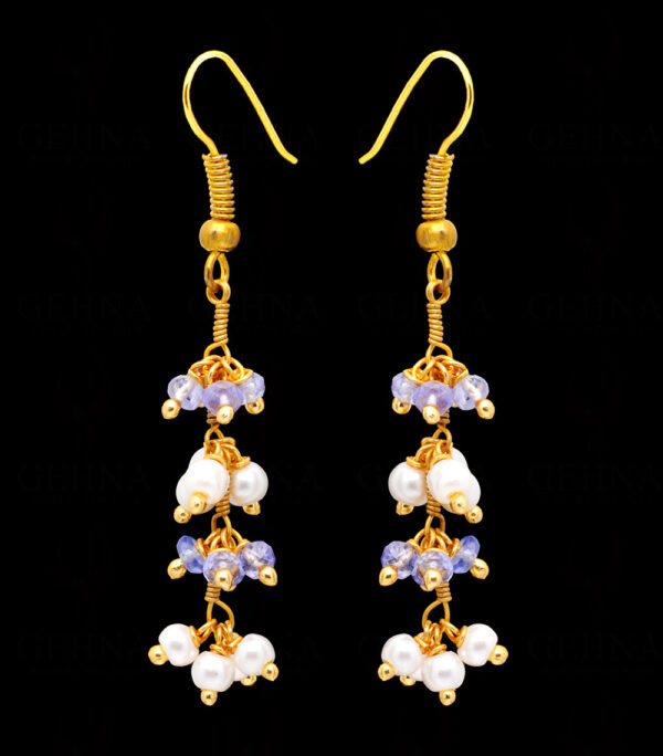 Pearl & Sapphire Gemstone Faceted Bead Earrings In.925 Sterling Silver ES-1661