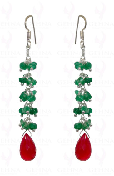 Emerald Bead & Chalcedony Drop Gemstone Earrings In .925 Sterling Silver ES-1664