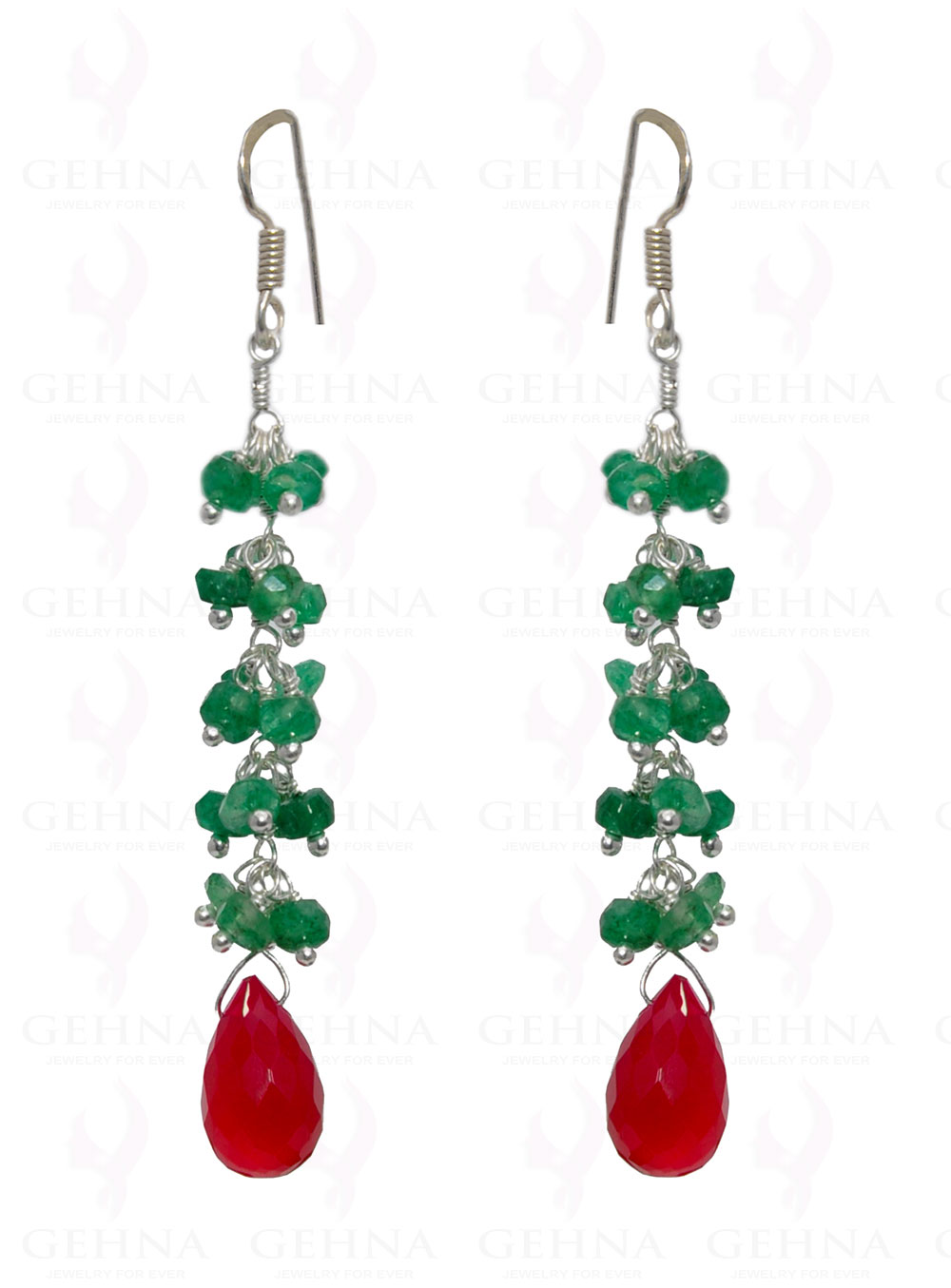 Emerald Bead & Chalcedony Drop Gemstone Earrings In .925 Sterling Silver ES-1664