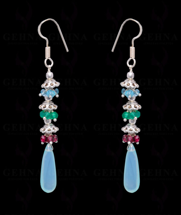 Onyx, Garnet & Chalcedony Drop Gemstone Earring In .925 Sterling Silver ES-1665