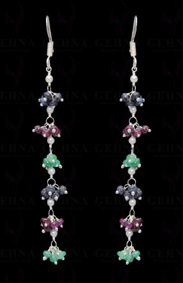 Sapphire & Multicolor Gemstone Bead Earring In .925 Sterling Silver ES-1674