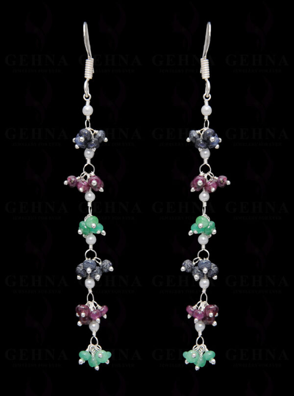 Sapphire & Multicolor Gemstone Bead Earring In .925 Sterling Silver ES-1674