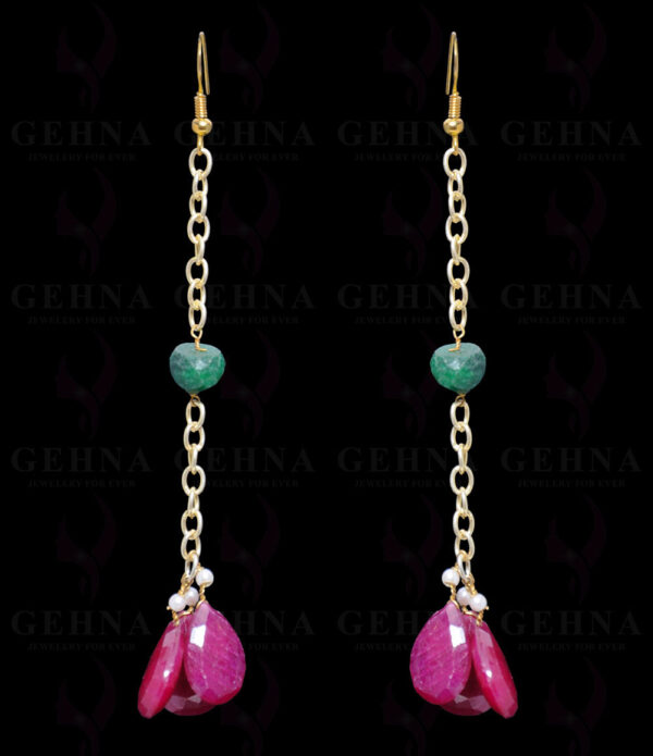 Pearl, Ruby & Emerald Gemstone Bead Earring In .925 Sterling Silver ES-1679