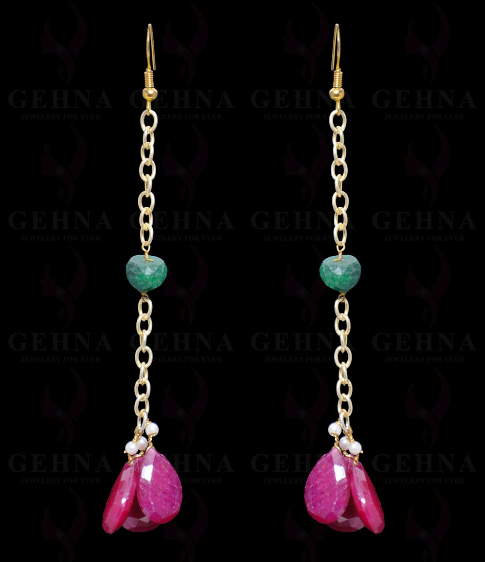 Pearl, Ruby & Emerald Gemstone Bead Earring In .925 Sterling Silver ES-1679