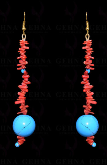 Natural Coral & Turquoise Gemstone Earring In .925 Sterling Silver ES-1680