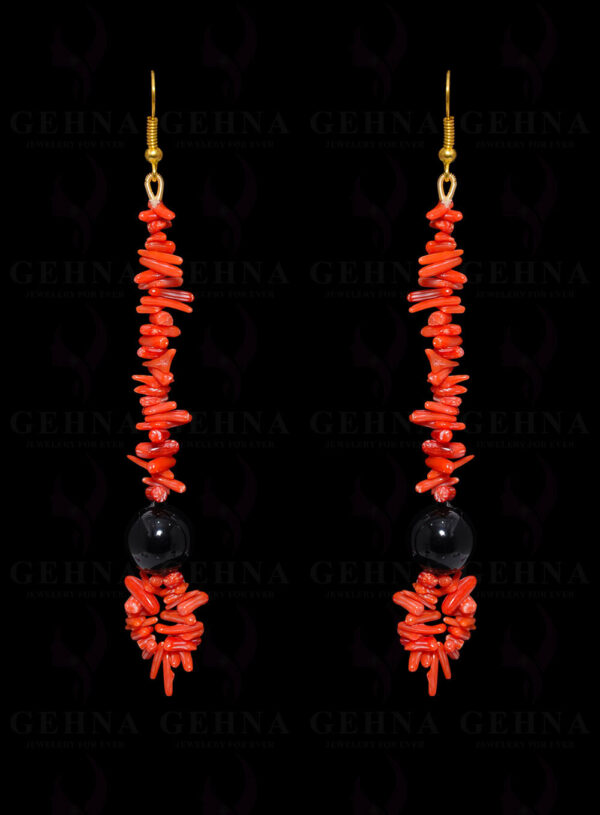 Natural Coral & Black Onyx Gemstone Earring In .925 Sterling Silver ES-1682