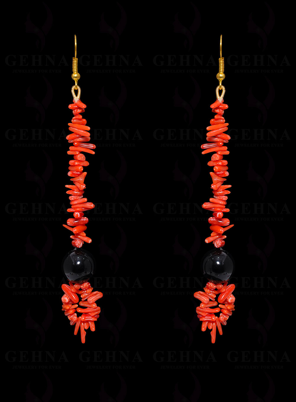 Natural Coral & Black Onyx Gemstone Earring In .925 Sterling Silver ES-1682