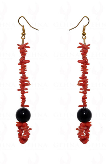 Natural Coral & Black Onyx Gemstone Earring In .925 Sterling Silver ES-1682