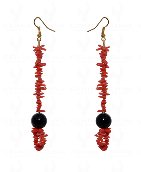 Natural Coral & Black Onyx Gemstone Earring In .925 Sterling Silver ES-1682