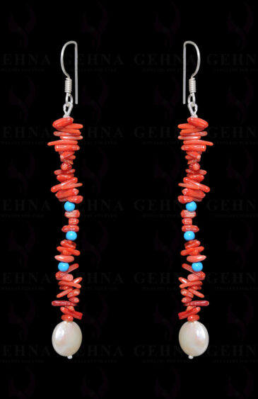 Natural Coral, Turquoise & Pearl Gemstone Earring In .925 Sterling Silver ES-1689