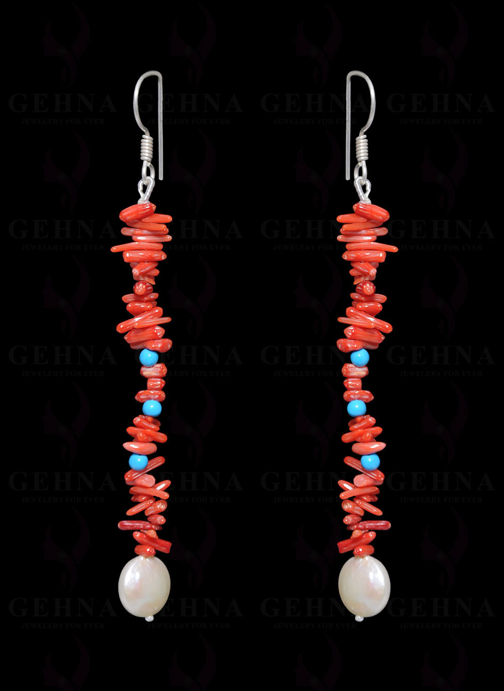 Natural Coral, Turquoise & Pearl Gemstone Earring In .925 Sterling Silver ES-1689