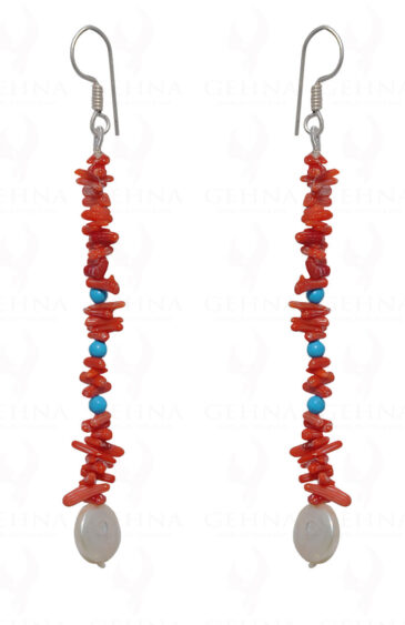 Natural Coral, Turquoise & Pearl Gemstone Earring In .925 Sterling Silver ES-1689