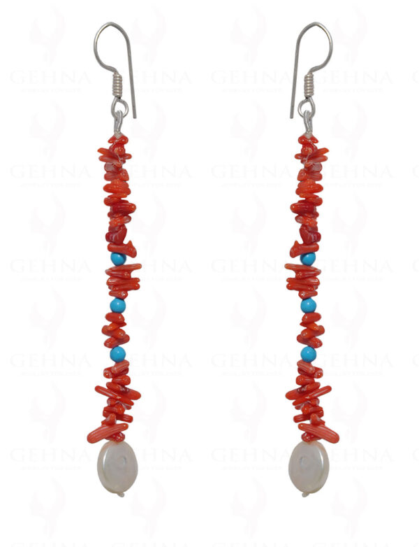 Natural Coral, Turquoise & Pearl Gemstone Earring In .925 Sterling Silver ES-1689