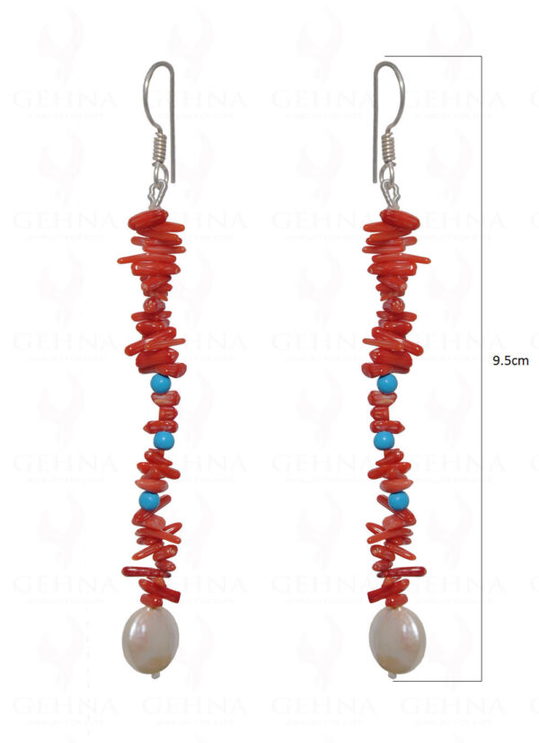 Natural Coral, Turquoise & Pearl Gemstone Earring In .925 Sterling Silver ES-1689