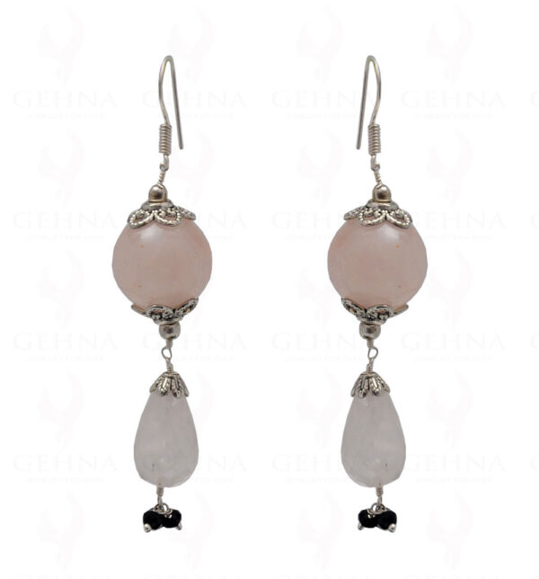 Rose Quartz & Black Spinel Gemstone Bead Earring In .925 Sterling Silver ES-1696