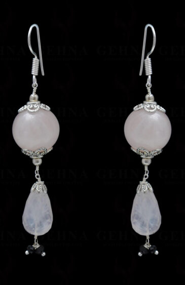 Rose Quartz & Black Spinel Gemstone Bead Earring In .925 Sterling Silver ES-1696