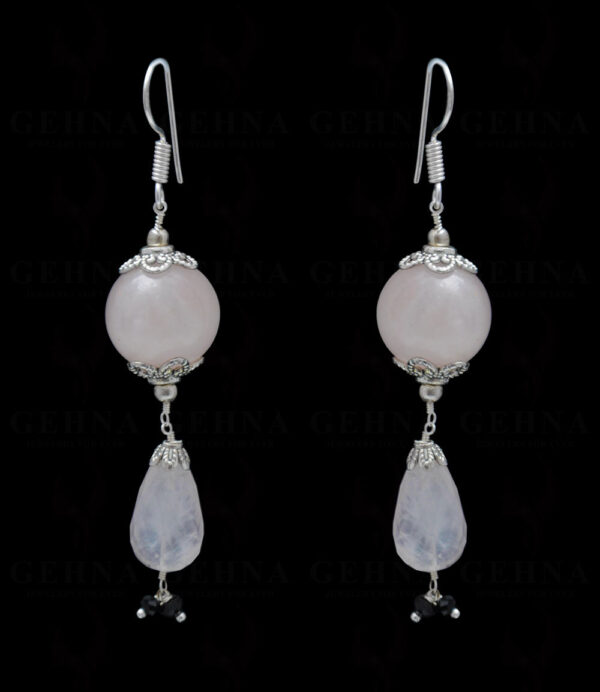 Rose Quartz & Black Spinel Gemstone Bead Earring In .925 Sterling Silver ES-1696