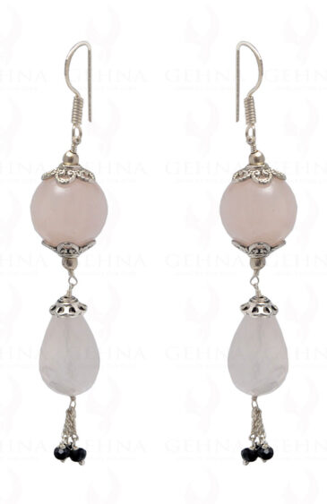 Rose Quartz & Black Spinel Gemstone Bead Earring In .925 Sterling Silver ES-1700