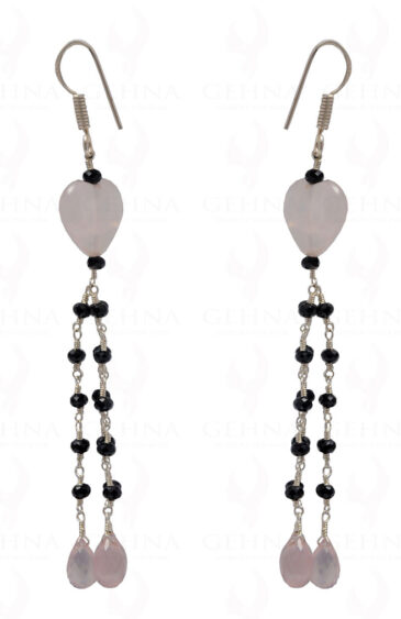 Rose Quartz & Black Spinel Gemstone Bead Earring In .925 Sterling Silver ES-1704