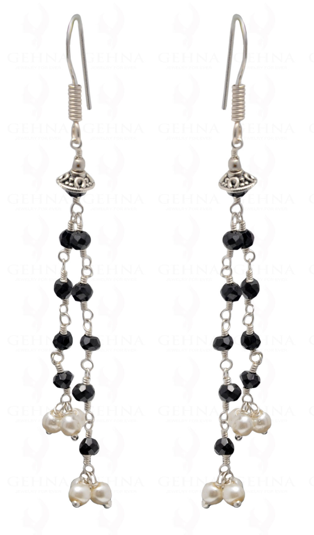 Pearl & Black Spinel Gemstone Bead Earring In .925 Sterling Silver ES-1707