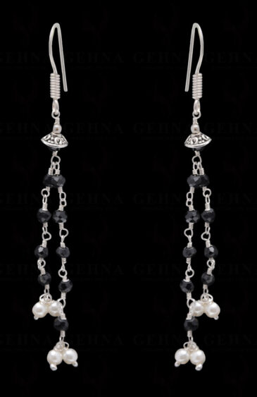 Pearl & Black Spinel Gemstone Bead Earring In .925 Sterling Silver ES-1707