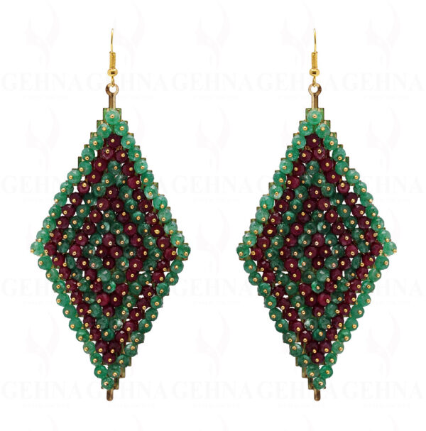 Emerald & Ruby Gemstone Faceted Bead Earring In .925 Sterling Silver ES-1712