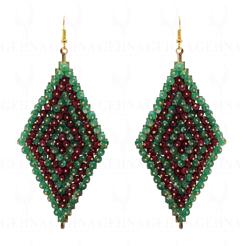 Emerald & Ruby Gemstone Faceted Bead Earring In .925 Sterling Silver ES-1712