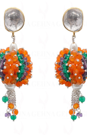 Carnelian, Amethyst & Onyx Gemstone Beaded Earring With Silver Element ES-1719