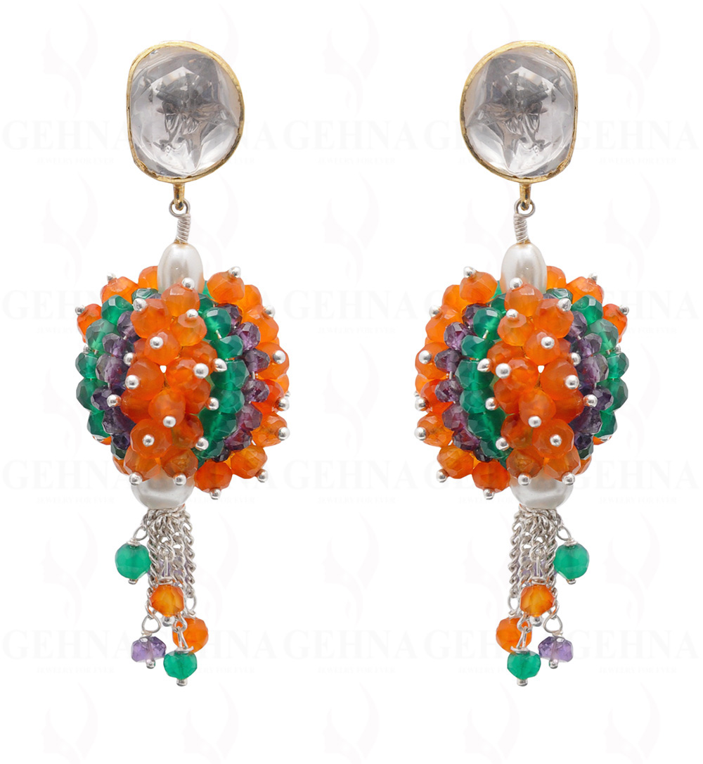 Carnelian, Amethyst & Onyx Gemstone Beaded Earring With Silver Element ES-1719