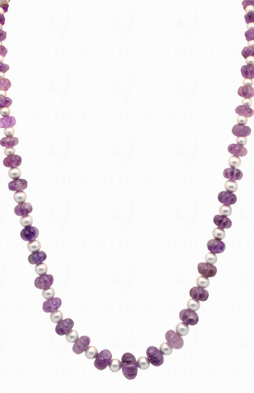 Amethyst Gemstone Melon Shape Bead Necklace With Silver Element NS-1719