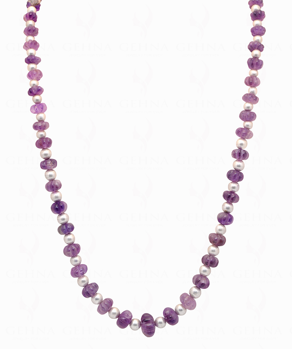 Amethyst Gemstone Melon Shape Bead Necklace With Silver Element NS-1719