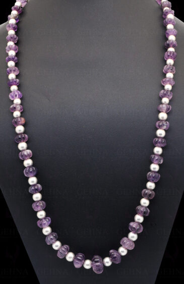 Amethyst Gemstone Melon Shape Bead Necklace With Silver Element NS-1719