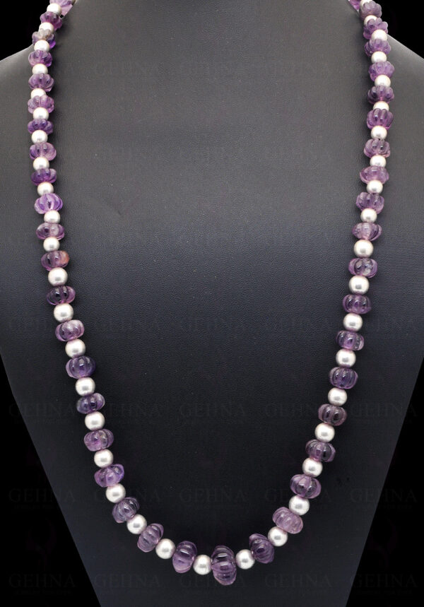 Amethyst Gemstone Melon Shape Bead Necklace With Silver Element NS-1719