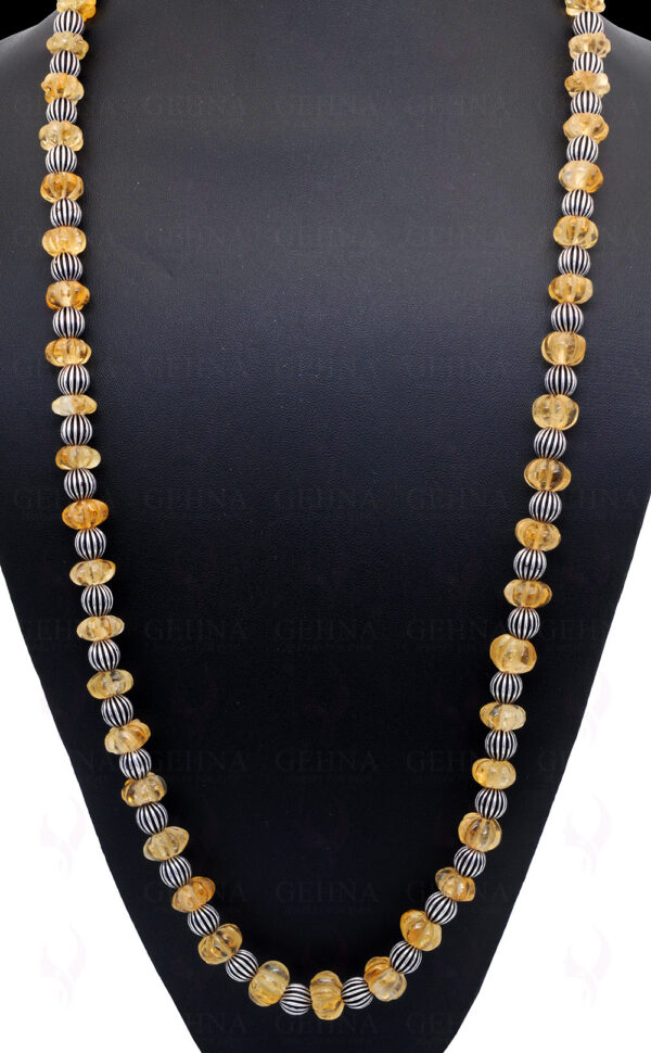 Citrine Gemstone Melon Shape Bead Necklace With Silver Element NS-1720