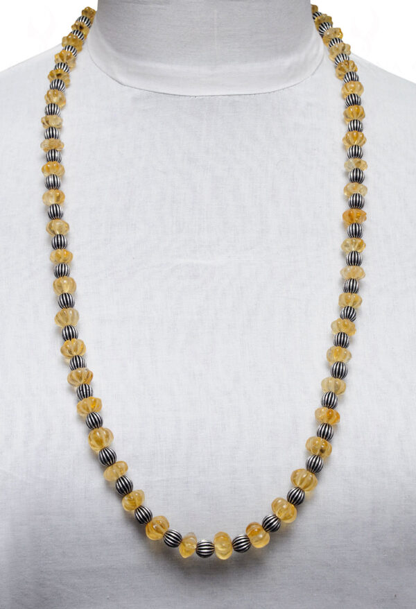 Citrine Gemstone Melon Shape Bead Necklace With Silver Element NS-1720