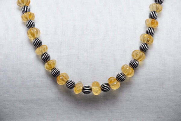 Citrine Gemstone Melon Shape Bead Necklace With Silver Element NS-1720