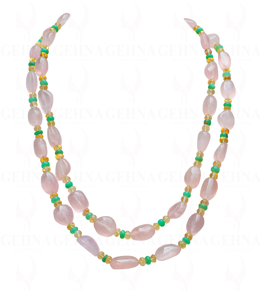 2 Rows Rose Quartz, Chrysoprase & Lemon Topaz Gemstone Necklace NS-1723