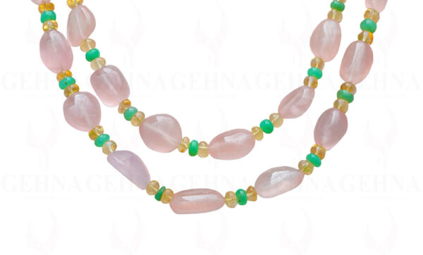 2 Rows Rose Quartz, Chrysoprase & Lemon Topaz Gemstone Necklace NS-1723