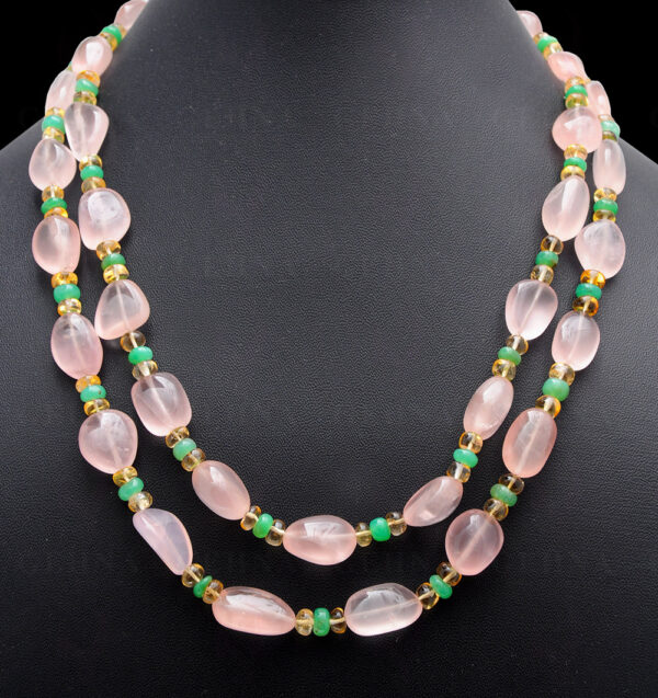 2 Rows Rose Quartz, Chrysoprase & Lemon Topaz Gemstone Necklace NS-1723