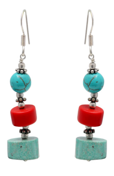 Coral & Turquoise Gemstone Beaded Earring In .925 Sterling Silver ES-1724