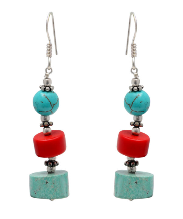 Coral & Turquoise Gemstone Beaded Earring In .925 Sterling Silver ES-1724