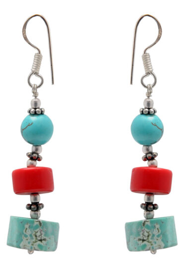 Coral & Turquoise Gemstone Beaded Earring In .925 Sterling Silver ES-1724
