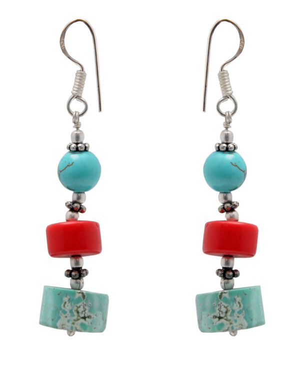 Coral & Turquoise Gemstone Beaded Earring In .925 Sterling Silver ES-1724