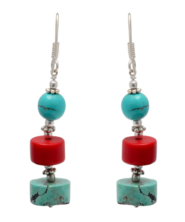 Coral & Turquoise Gemstone Beaded Earring In .925 Sterling Silver ES-1724