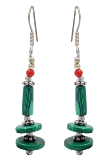 Malachite & Coral Gemstone Beaded Earring In .925 Sterling Silver ES-1725